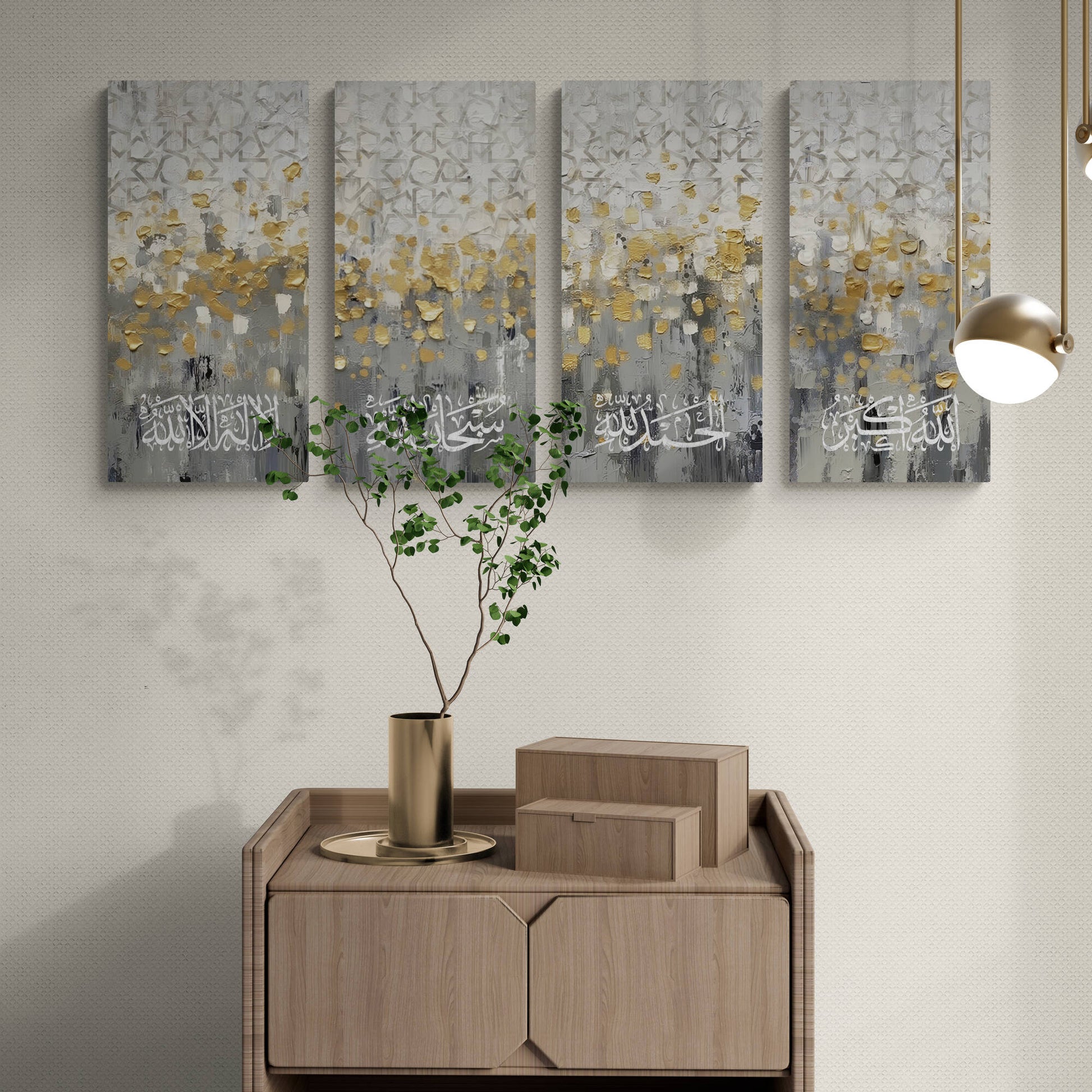 Unique geometric pattern in silver on a Modern Islamic Artwork by Arab Canvas, contrasting beautifully with the gold, white, and grey backdrop.