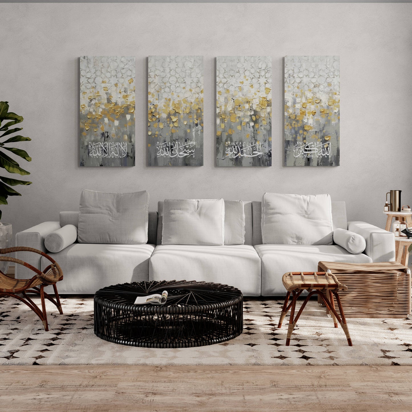 Exquisite Islamic Artwork by Arab Canvas, focusing on the intricate silver geometric patterns amidst a serene palette of white, gold, and grey.