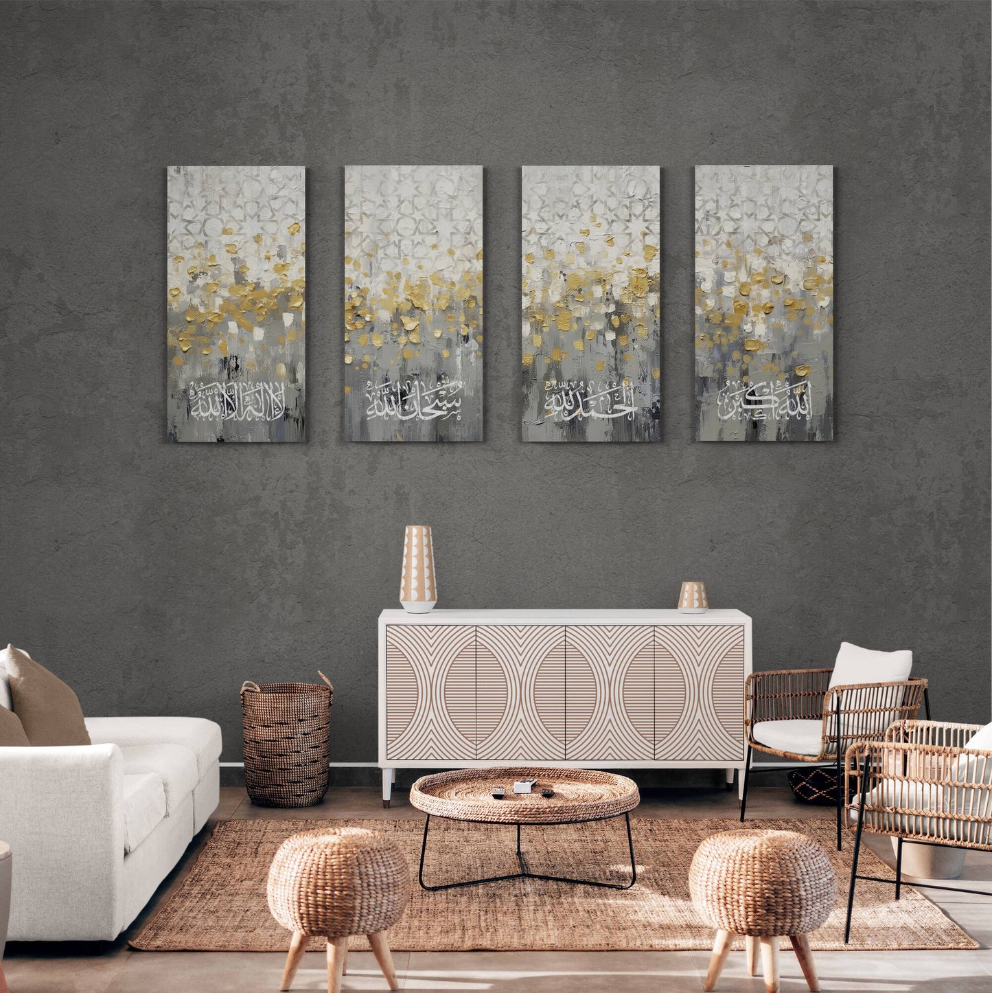 Arab Canvas's Modern Islamic Artwork, exuding spiritual tranquility through the combination of Tasbih e Fatema in Arabic calligraphy and a minimalist color palette.