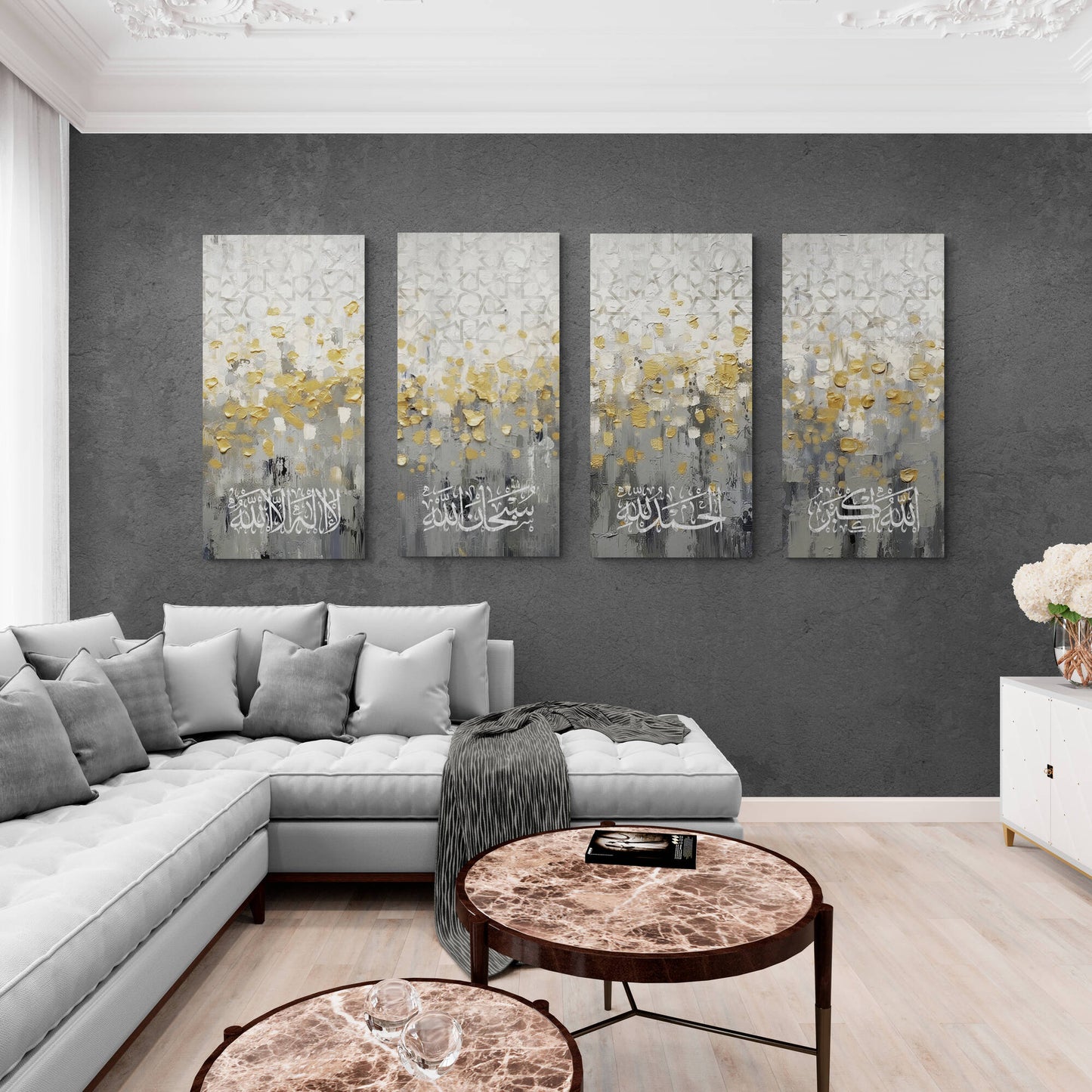 Arab Canvas's Modern Islamic Artwork, highlighting the striking original Arabic Calligraphy of Tasbih e Fatema, complemented by a soothing color scheme.