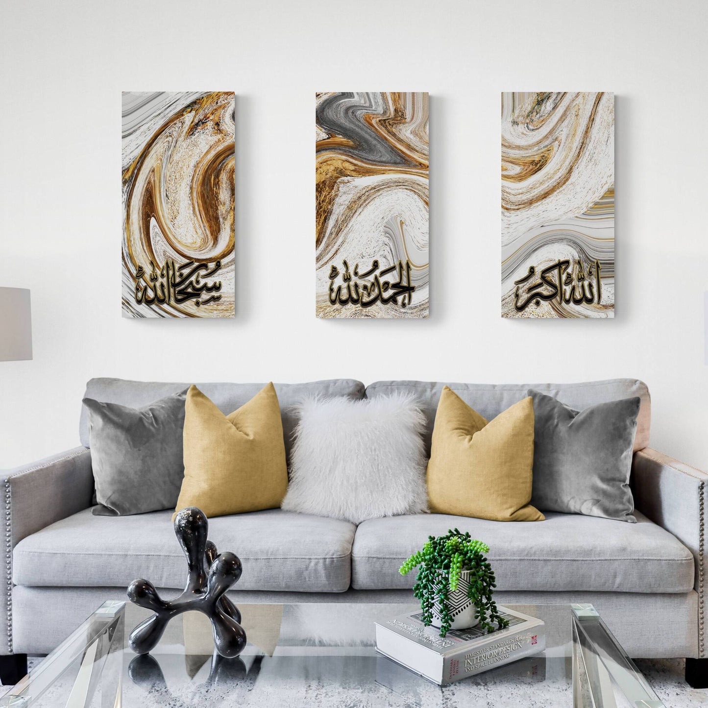 3-panel Islamic art with Thuluth calligraphy of 'Allahu Akbar, Alhamdulillah, Subhanallah', against black and gold marble.