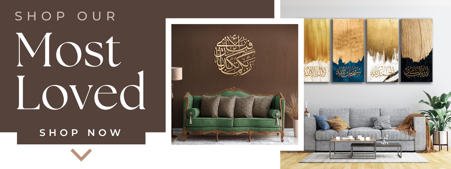 Our best-selling Islamic Wall Art, featuring intricate Arabic calligraphy and geometric patterns that blend modern design with Islamic heritage.