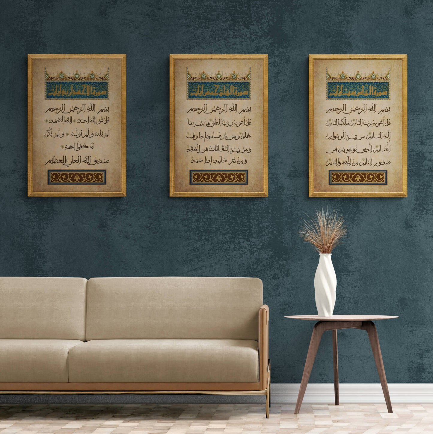 Harmonious blend of tradition and artistry in a 3-panel Islamic artwork.