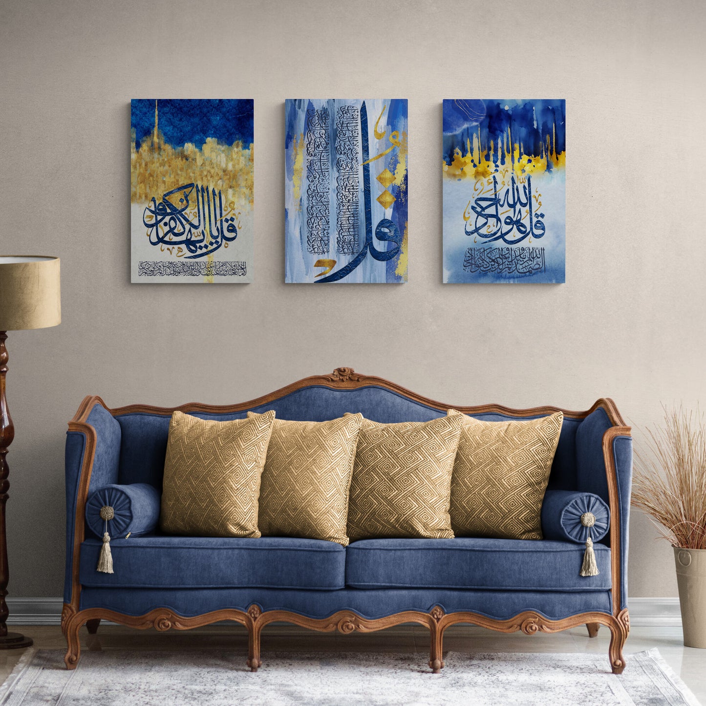 4 Quls-Modern ISLAMIC HOME DÉCOR-Blue Gold White and Gray-Thuluth-Giclée Fine Art Print