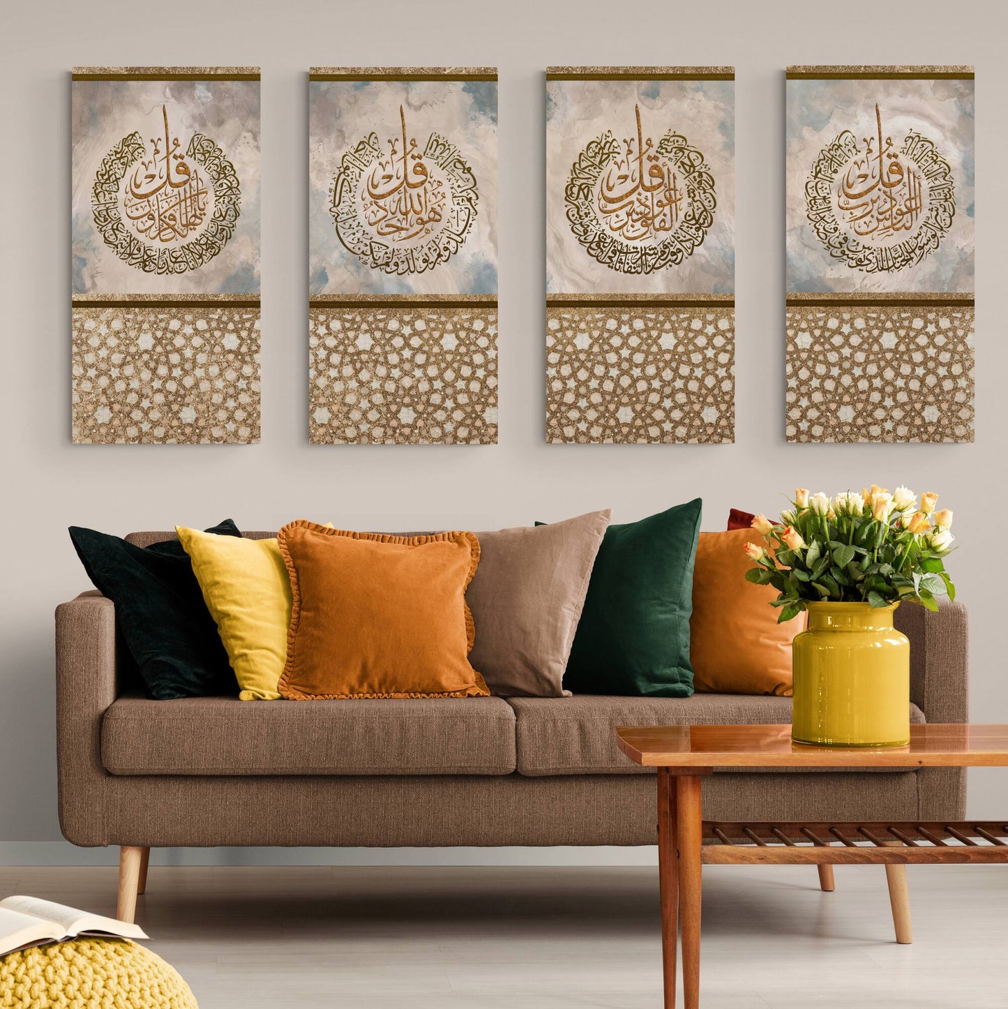 Islamic Wall Art Modern-4 Quls-Thuluth-Naas, Falaq, Ikhlaas, Kafirun-Giclée Fine Art Print - Arab Canvas