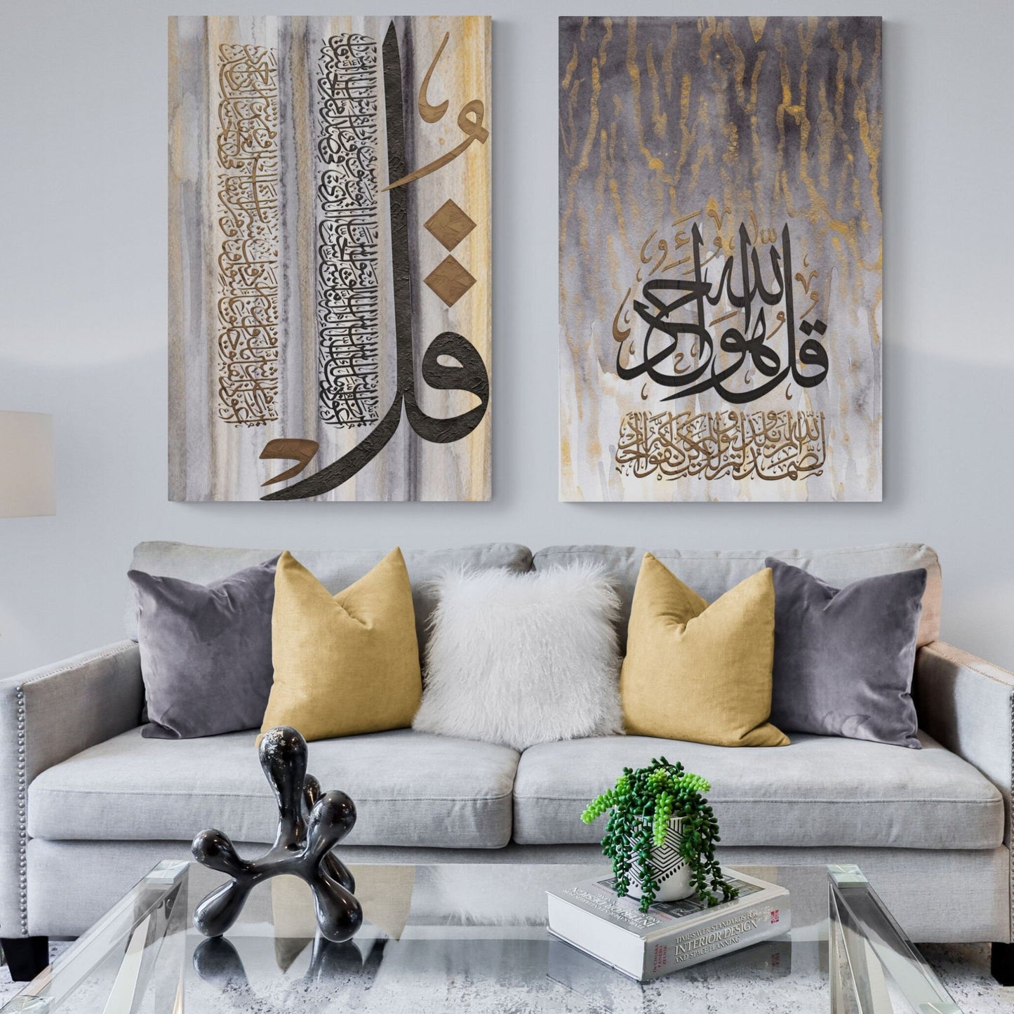 Luxurious Islamic Wall Art from Arab Canvas, capturing the spiritual essence of the 3 Quls through original Arabic calligraphy, set against a modern backdrop of grey, brown, gold, and white