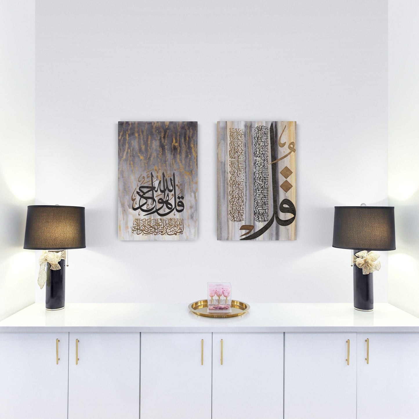 Arab Canvas's unique interpretation of the 3 Quls, skillfully embodied in an elegant Islamic Wall Art, with a harmonious color palette of grey, brown, gold, and white