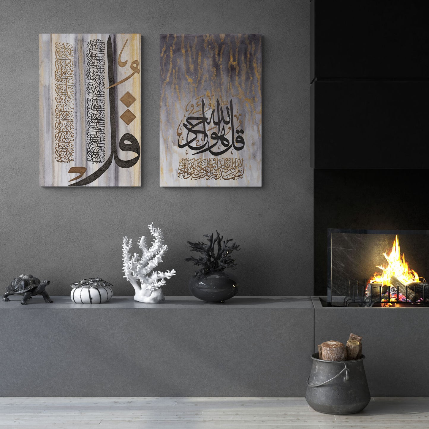 Stylish Modern Islamic Wall Art from Arab Canvas, featuring the 3 Quls in original Arabic calligraphy, amidst unique design elements in soothing shades of grey and brown